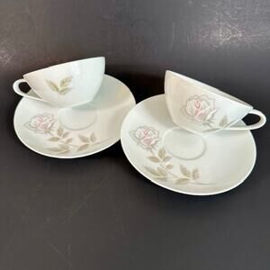 Noritake Edenrose 2 Flat Cup & Saucer Sets Gray/Pink/White Roses VTG